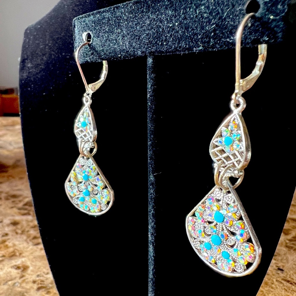 SOLD Vintage Silver Aurora Borealis Crystal Rhinestone Double Teardrop Earrings